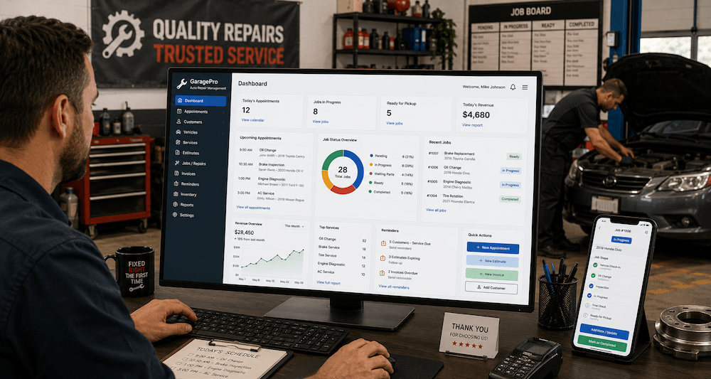 Auto repair and mechanic software service booking and garage workflow dashboard