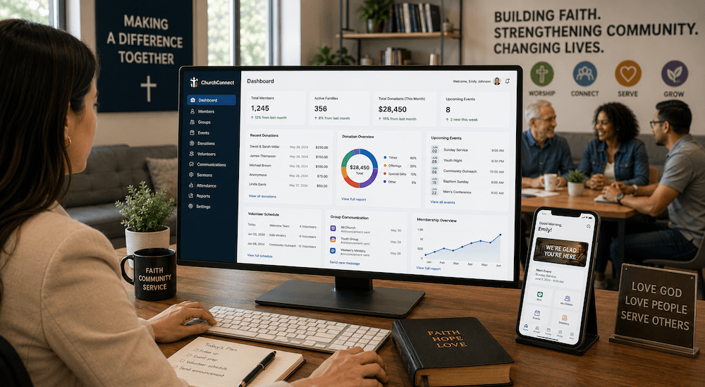 Church and community organization software member and event management dashboard