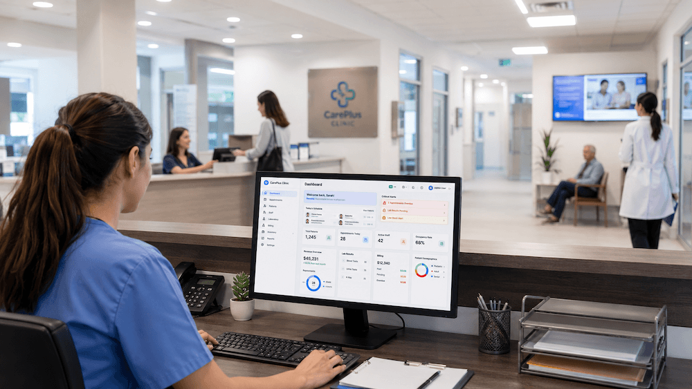 Clinic and healthcare software dashboard and patient workflow interface