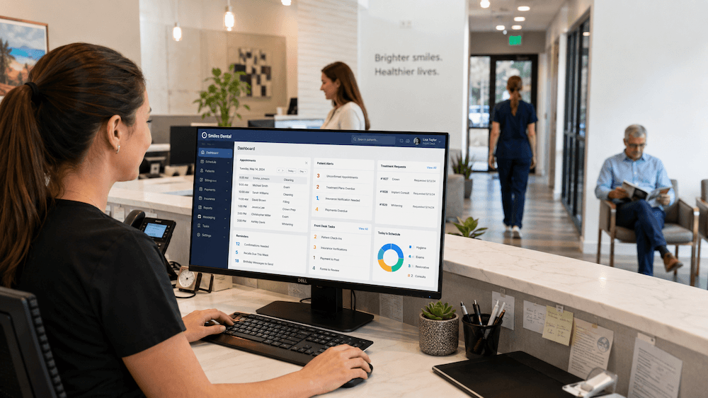 Dental practice software dashboard and appointment workflow