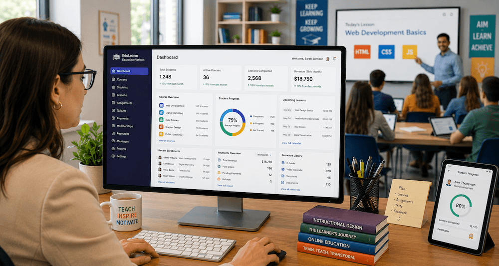 Education and training software course and student portal dashboard