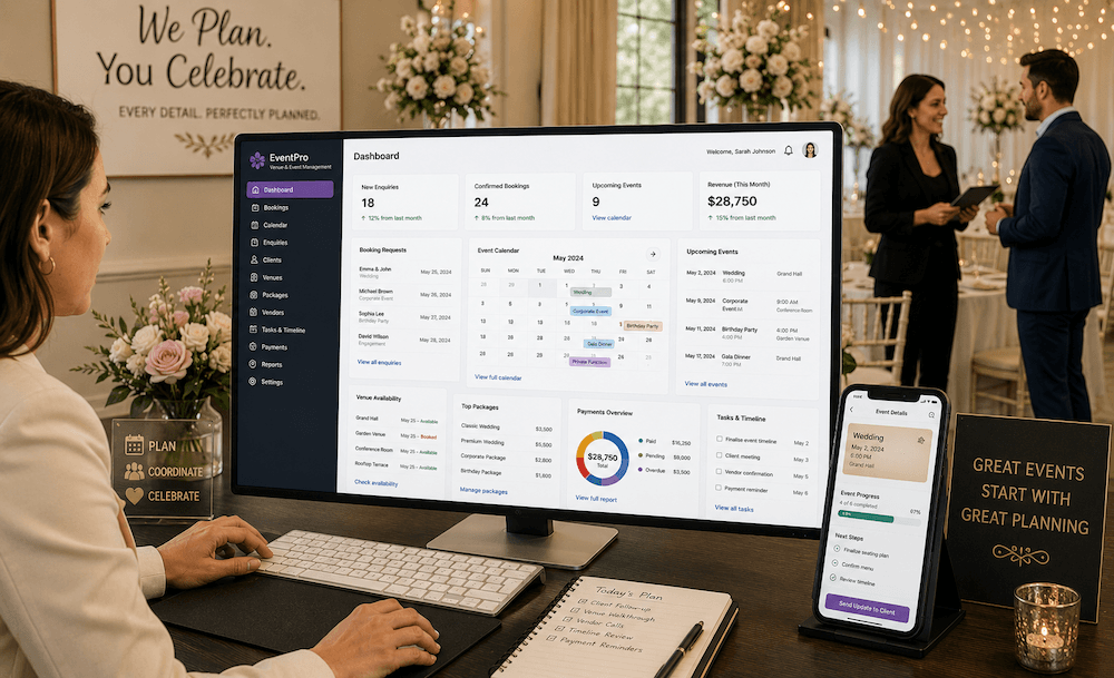 Event planner and venue software booking calendar and management dashboard