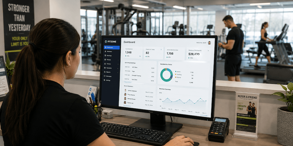 Fitness gym membership software dashboard and booking management interface