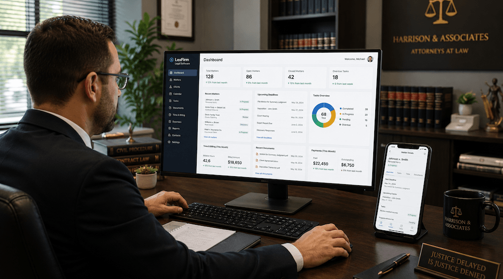 Legal and law firm software case tracking and matter management dashboard