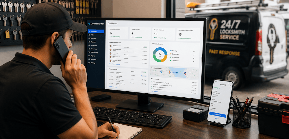 Locksmith and emergency service software dispatch and job tracking dashboard