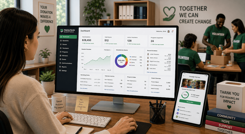 Nonprofit and charity software donation and volunteer management dashboard