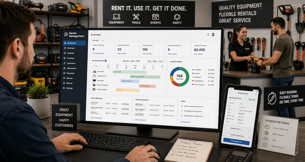 Rental business software inventory booking and management dashboard