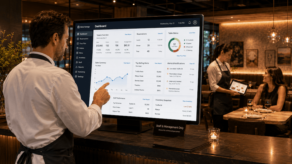 Restaurant management software dashboard and digital menu workflow
